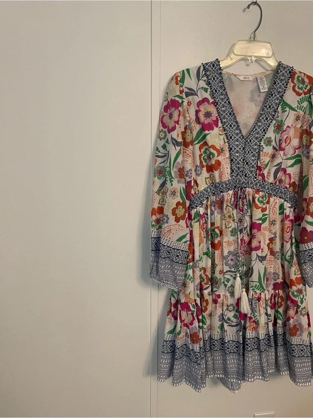 Kaktus Boho Floral Tiered Womens Dress with Blue Trim Size M V Neck Cottagecore - Picture 3 of 12